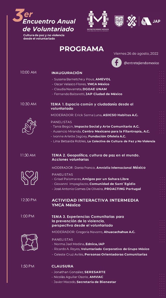 entretejiendomx's tweet photo. ¿Qué es la cultura de paz? ¿Cómo lograr la cultura de paz? ¿Cómo se relaciona el voluntariado con la cultura de paz?
Acompáñanos en esta conversación a través de 3 paneles.
Regístrate aquí: https://t.co/iCqxGj0eJ8
Te esperamos 😉
#PLAMEXVOL
#EntretejiendoMéxico https://t.co/N8lqcirjoE