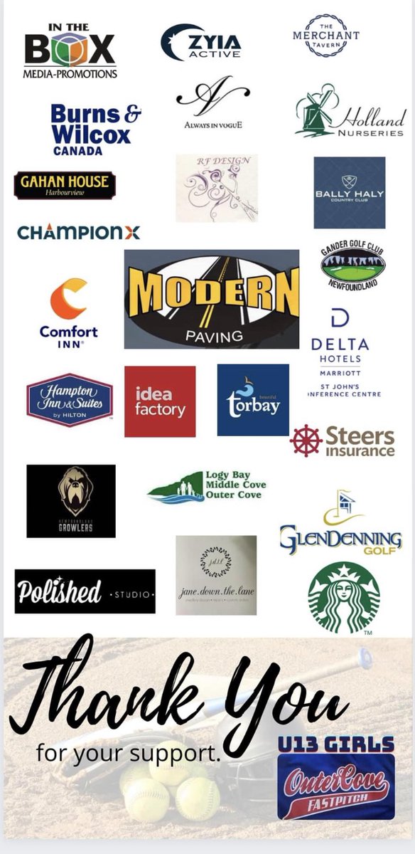 CoveU13's tweet photo. Biggest thank you to all our sponsors who have supported the #OuterCove U13 Girls Fastpitch Team fundraising. @torbaynl @townoflbmcoc @ifactorytweets @wearechampionx @GlendenningGolf @NLGrowlers  @GanderGolf @deltahotelnl @HamptonStJohns @BallyHaly @orangetheory https://t.co/n2okQ61T8D