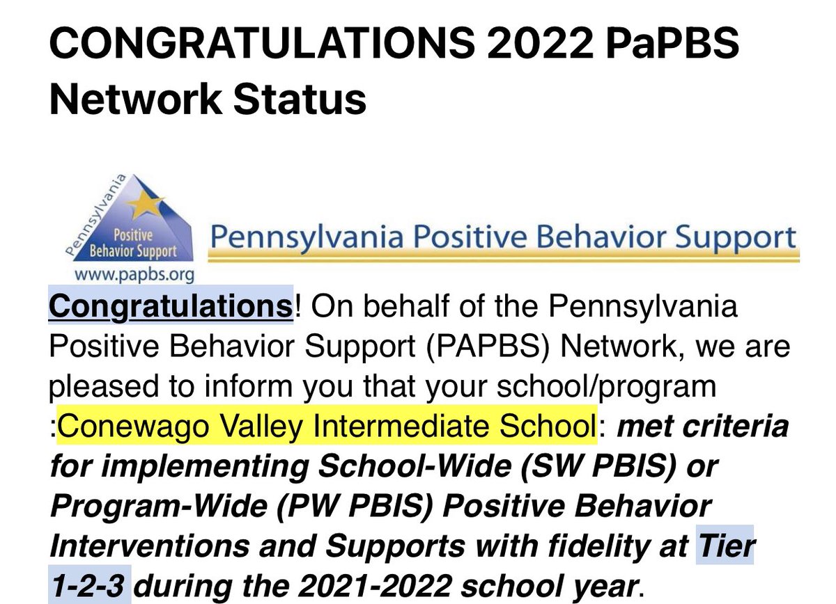 Our teachers and staff did it again! Very proud to be part of our PBIS team <a href="/CVIS17350/">CVIS</a>. Our leadership continues to support our team while giving us more freedom and support in implementation than ever before! Our administrative support is top notch!! <a href="/CVSD17350/">Conewago Valley SD</a>