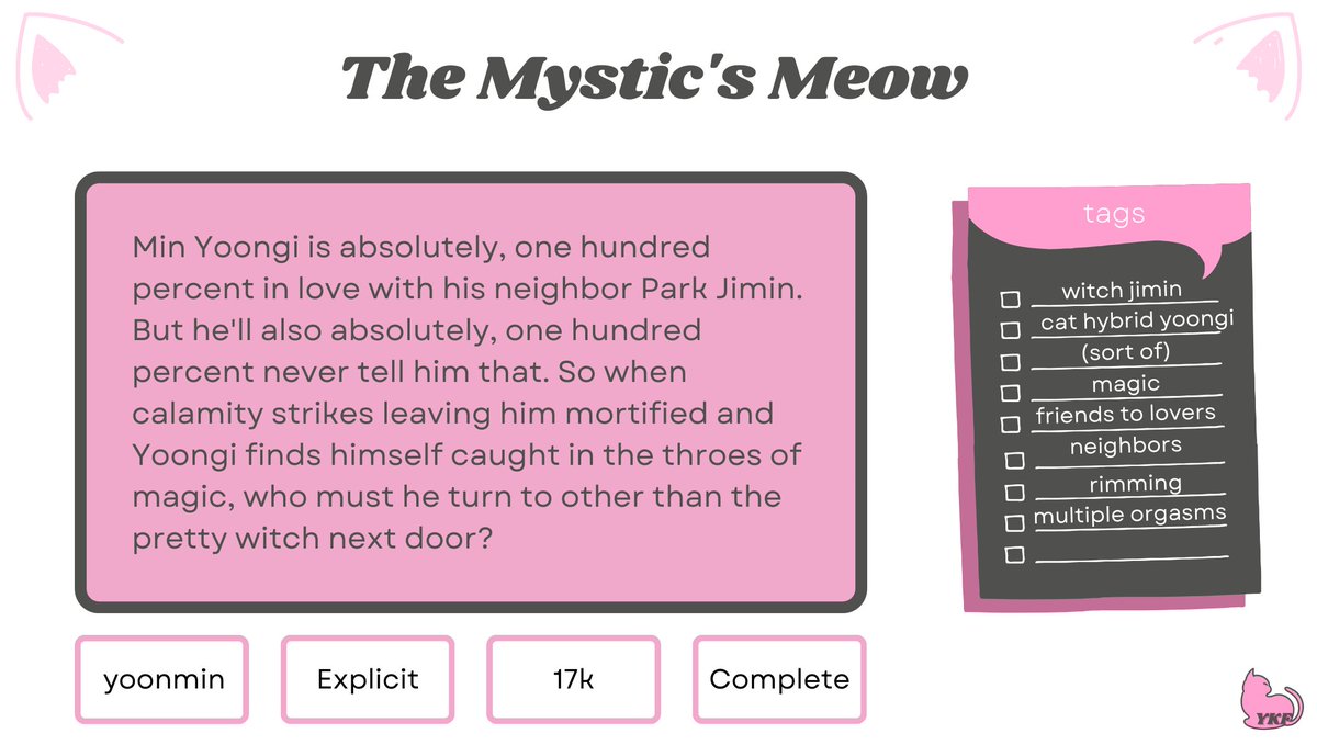 yoonkittenfest's tweet photo. ✨🐱The Mystic's Meow 🔮 - By:
Ao3: sugahoneysweet
Twt: @sugahoneysweet 
https://t.co/WYzQHwp29c https://t.co/1m5htB1jgg