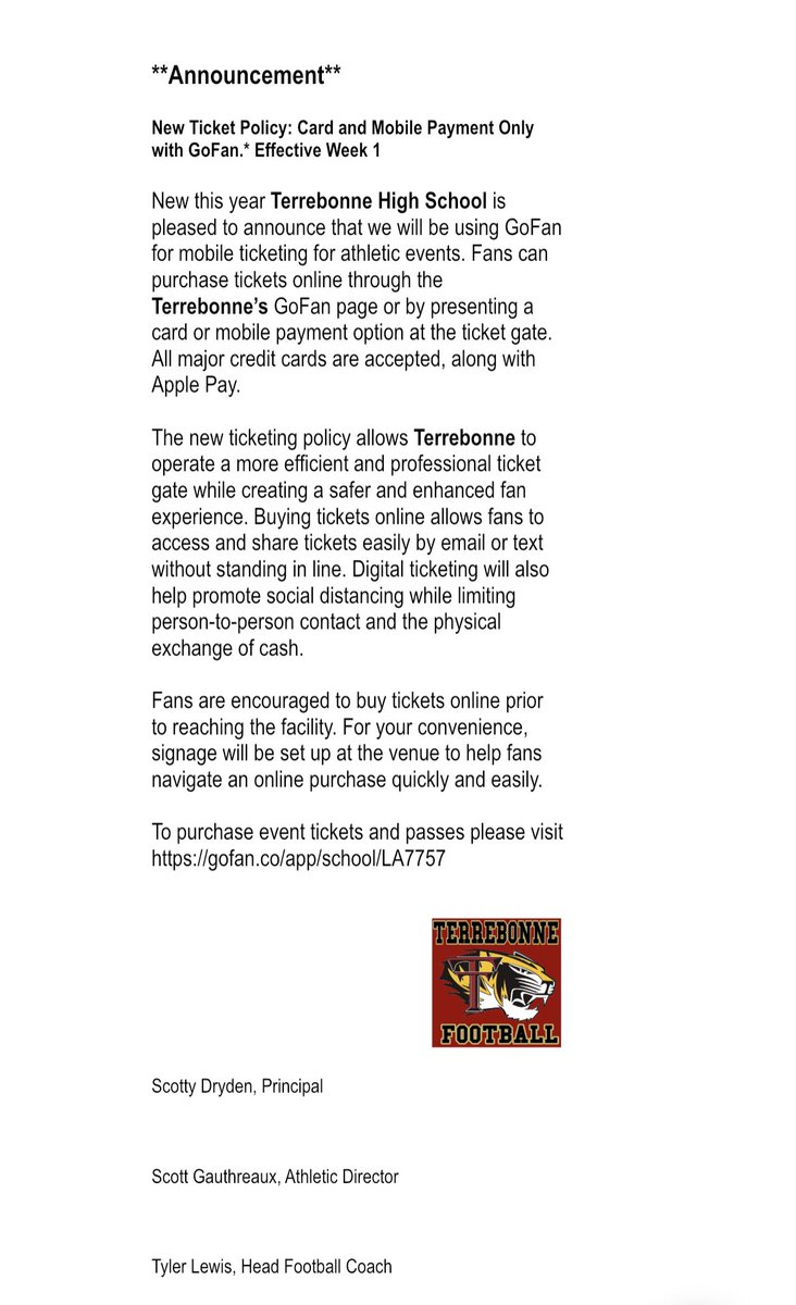 coach_ty12's tweet photo. Terrebonne is now officially partners with @GoFanHS! GoFan is the leading digital ticketing solution for more than 250,000 high school events nationwide. Get your tickets today:https://t.co/n49zdZFCwt https://t.co/czca8MTXK3