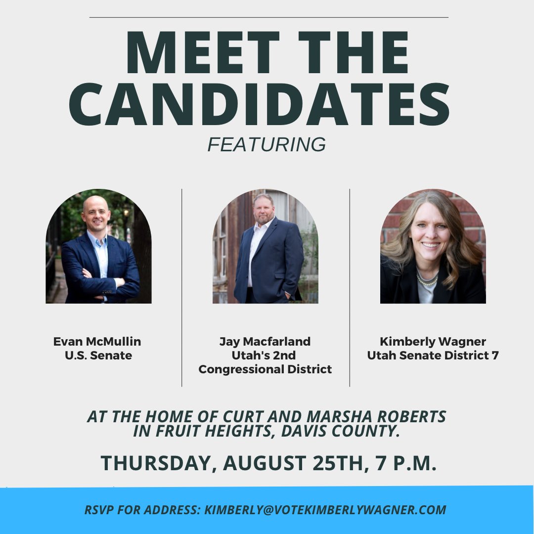 JayMcfarland's tweet photo. Join us this Thursday! RSVP for more details! @EvanMcMullin @VoteKimberly #UUP #Utah #FruitHeights #JayMacforCongress #UtahVoters #UtahPolitics #utpol https://t.co/txHGLjtUt4