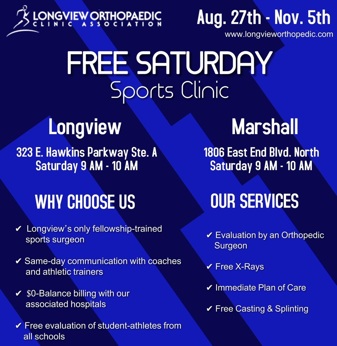 Saturday sports clinic coming up with Longview’s only full-time fellowship-trained sports medicine surgeon Dr. <a href="/jrussellmd/">Josh Russell</a>.  Proudly serving student-athletes of all ages and from all schools! No appointment necessary!