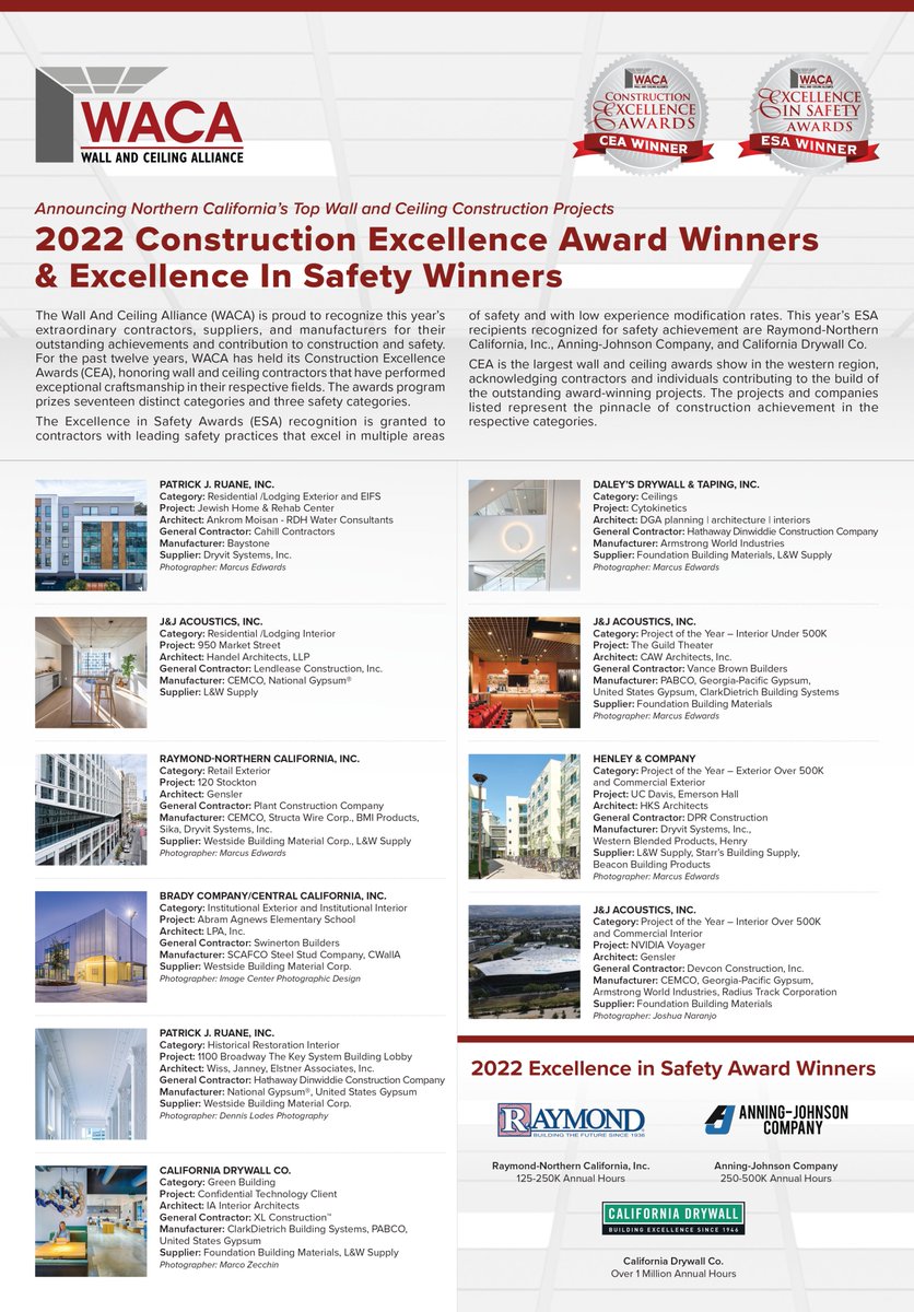 See the CEA &amp; ESA winners in the Sacramento Business Times! Congratulations again to all our recipients #wallandceilingalliance #wallandceilingawards #wacacea #wallandceilingindustry