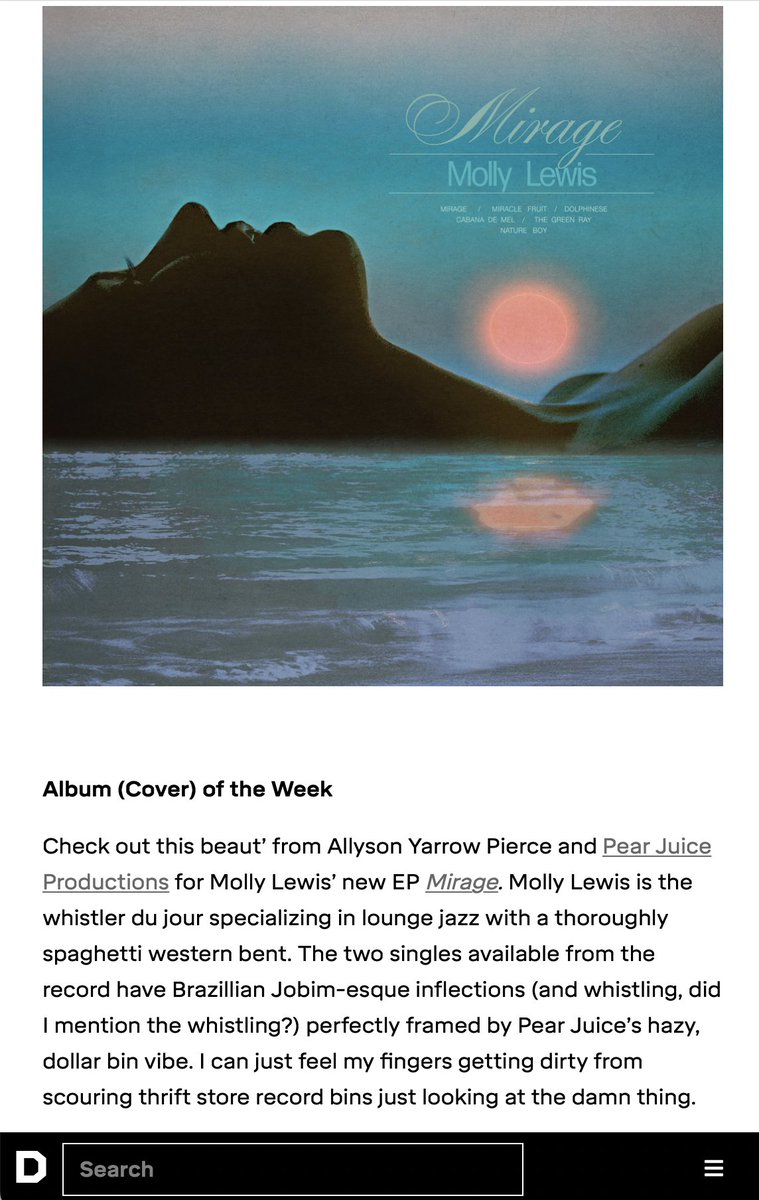 Wonderful mention in <a href="/TheDieline/">Dieline</a>'s Friday Wrap-Up of our album cover for 
@mollylewis_bot 's Mirage out on <a href="/jagjaguwar/">XAGXAGUXAR</a>
 
thedieline.com/blog/2022/8/19…