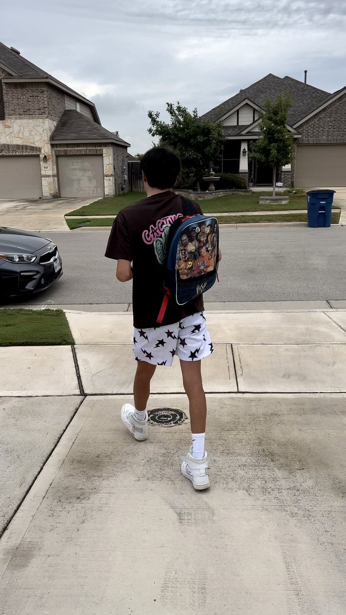 RedbirdsJunkie's tweet photo. I’d like to speak to the “Time Flies” manager please. Not sure I’m ready for this but the countdown has begun 🥹. Niko also found his WWE backpack from kindergarten and brought it full circle today. Good luck on your senior year!! #ClassOf2023 #ComalFirstDay #GoCoogs https://t.co/IikZf0NQuq