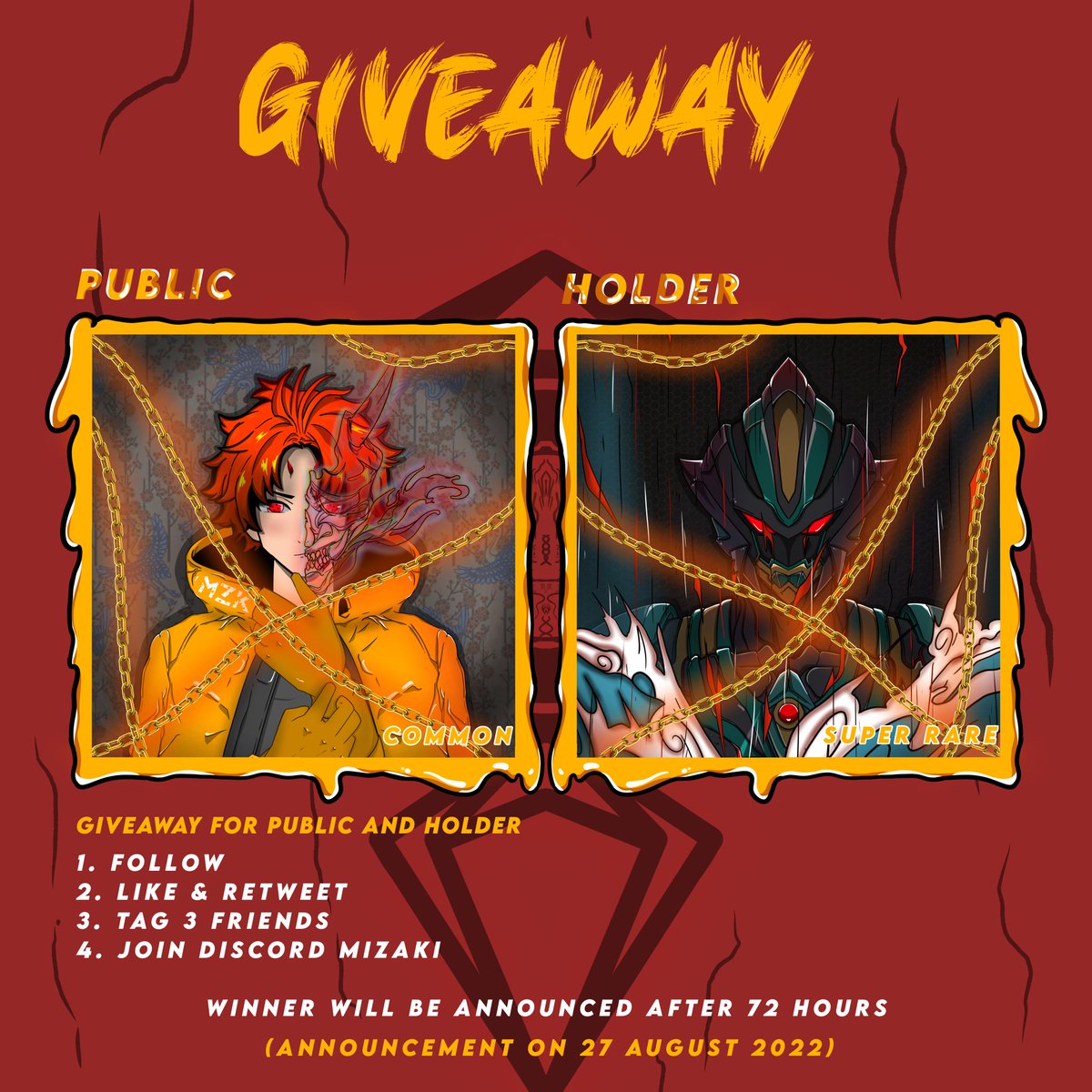 GOOD MORNING GUYS.
today we will be holding a giveaway for PUBLIC and holders.
Conditions:
1. FOLLOW <a href="/MIZAKI_NFT/">MIZAKI NFT || GENESIS</a> 
2. LIKE &amp; RETWEET
3. TAG 3 FRIENDS
4. JOIN MIZAKI DISCORD ( discord.gg/96YPfcs9 )
WINNER WILL BE ANNOUNCED AFTER 72 HOURS.
#NFTGiveaway #NFTGiveaways #NFTs #NFT