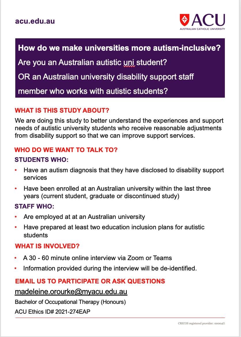 How we can make Australian universities more autism-inclusive? Looking for study participants: Australian autistic uni student OR disability support staff member who works with autistic students. #autism #University #inclusion
Contact madeleine.orourke@myacu.edu.au for more info