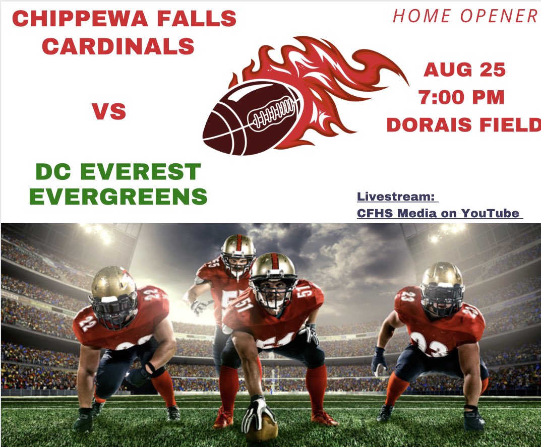 Please join us on Thursday, August 25th for our football home opener vs DC Everest! We will also induct Denise Hanson-Petricka and Tim Leis into our athletic Hall of Fame at halftime! #MightyCardinals <a href="/ChiHi_football/">Chi Hi Football</a> <a href="/DCE_FOOTBALL/">DCEFootball</a>