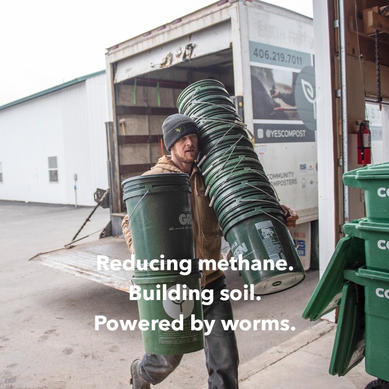 patagonia's tweet photo. Sending food scraps to the landfill is basically composting, right? Wrong. They produce methane, a greenhouse gas 30-50 times more potent than carbon dioxide. Learn how Yes Compost offers weekly food scrap pickups for homes and businesses, then lets worms do their thing.