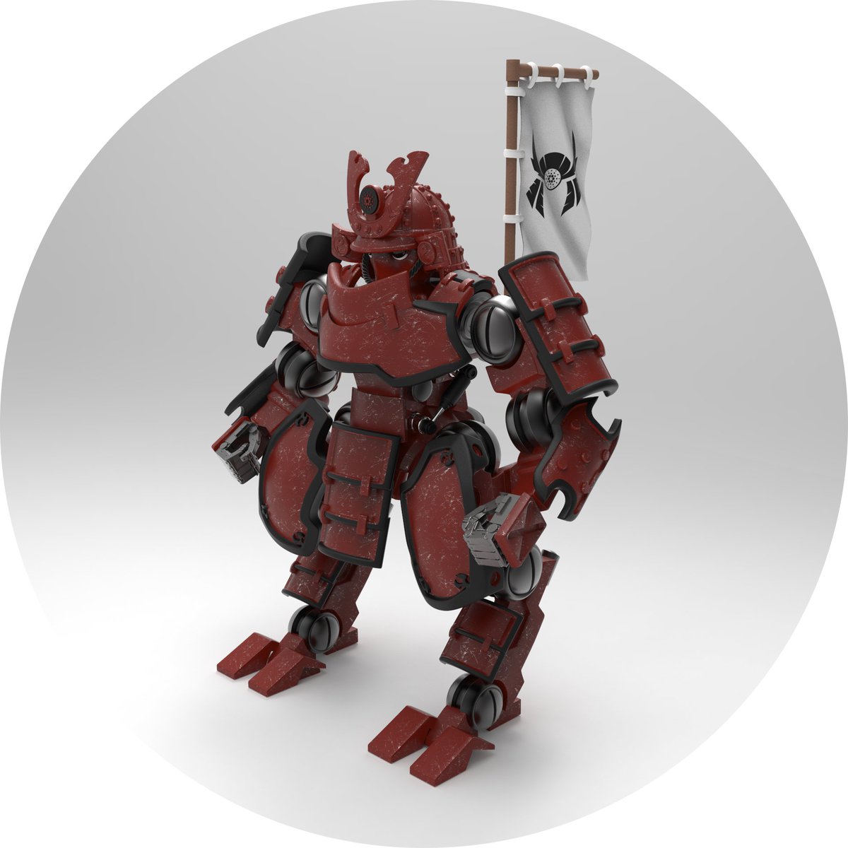 TheRoninverse's tweet photo. Today in #Roninverse: CardanoJimbot #072!
#Jimbo reimagined in a mecha-suit in collaboration with Armament Factory. Straight from the battlefield, this #Jimbot is wearing a black and red armor with a white Nobori on its back.
See you all at #CnftCon 2022 https://t.co/PjjGYJi4pS