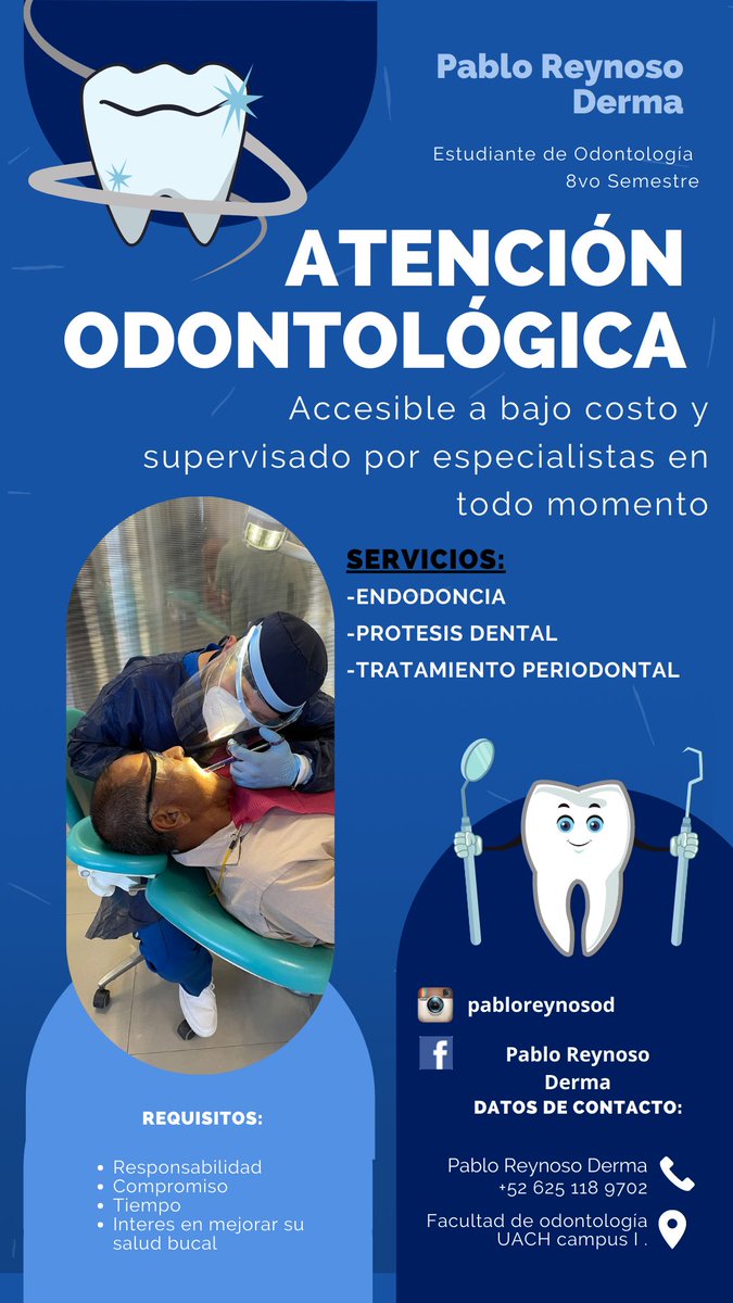 PabloReyD1's tweet photo. Hola, soy estudiante de odontología de 8vo semestre, me pongo a sus órdenes para diferentes procedimientos.
Cómo lo son: Endodoncia, Prótesis, Tratamiento periodontal
Los precios son muy accesibles y todos los tratamientos son supervisados por especialistas en todo momento. https://t.co/bHsHksZ9SG