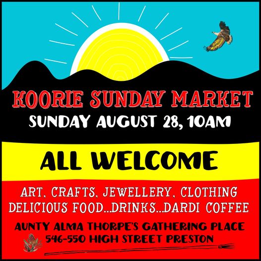 Kool N Deadly (@3knd) on Twitter photo What's not to love about the Koorie Sunday Market at Aunty Alma Thorpe's Gathering Place. You can pick some beautiful gifts, great food and coffee, and catch up with mob. Get on down this Sunday, to 546-550 High Street, Preston at 10am
#dardimunwurro What's not to love about the Koorie Sunday Market at Aunty Alma Thorpe's Gathering Place. You can pick some beautiful gifts, great food and coffee, and catch up with mob. Get on down this Sunday, to 546-550 High Street, Preston at 10am
#dardimunwurro