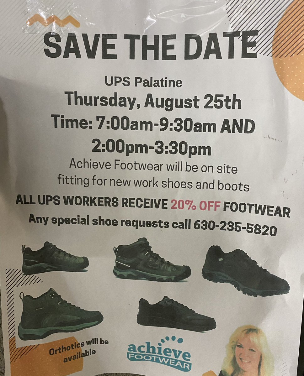 Save The Date!!!! <a href="/PalatineTwi/">PalatineTwi</a>  Shout out to Achieve Footwear, for scheduling a date to come out to the Palatine Hub on the 25th of August!!! Try on some new work shoes!! Also Receive 20% OFF!!!! <a href="/ExperienceUPS/">Experience UPS</a> <a href="/CP_UPSers/">Central Plains</a> <a href="/UPSers/">UPSers</a>