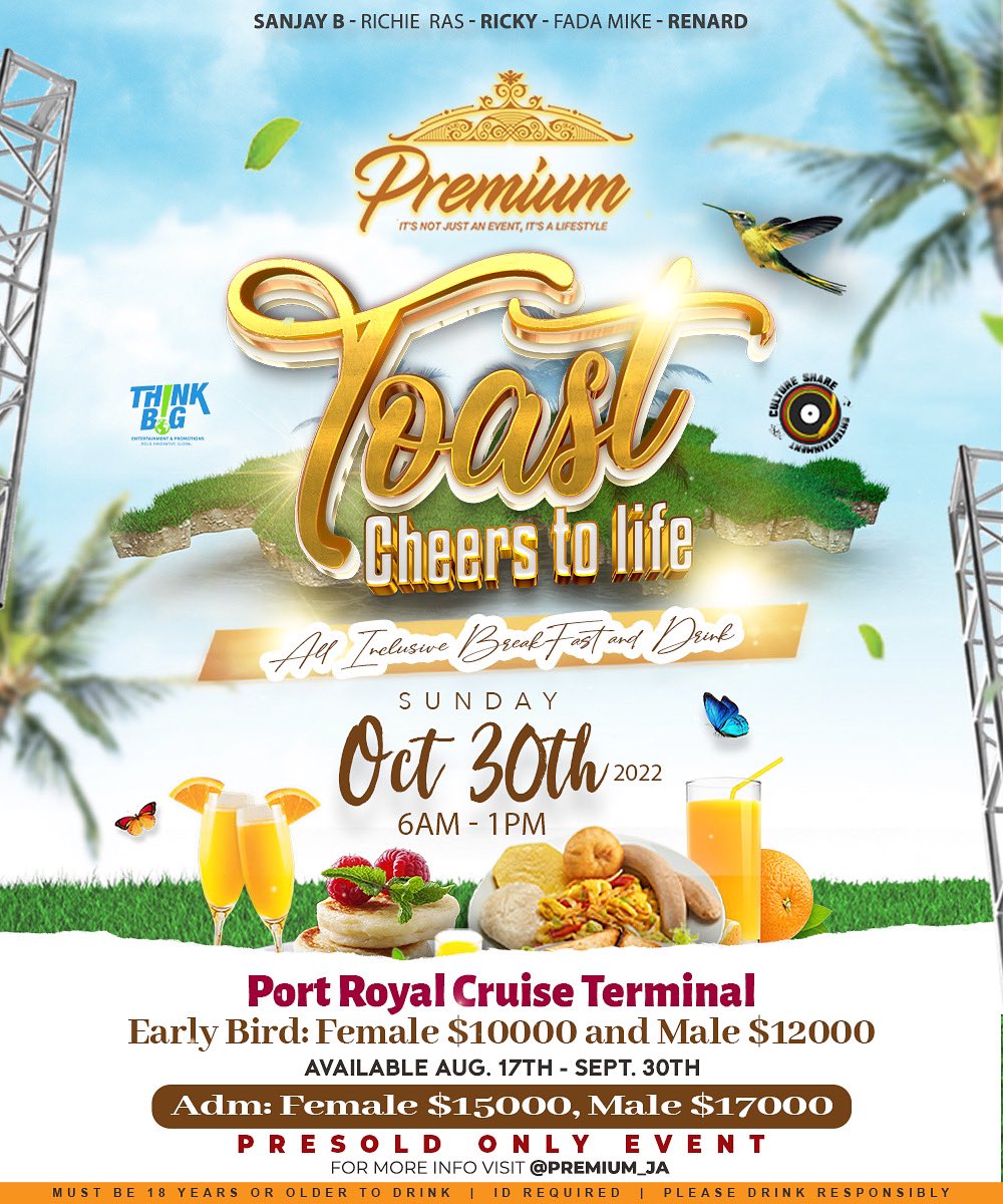 SirJegz's tweet photo. Premium Toast - Cheers to Life, Sunday, October 30th. 

Location: 📍Port Royal Cruise Terminal 

Premium Toast! It’s not just an event,  it’s a lifestyle. 

Must be 21 or older to enter. Presold Only Event

Follow @Premium_ja on IG for more information.

#Premium 
#PremiumToast https://t.co/D3G9MZd10b