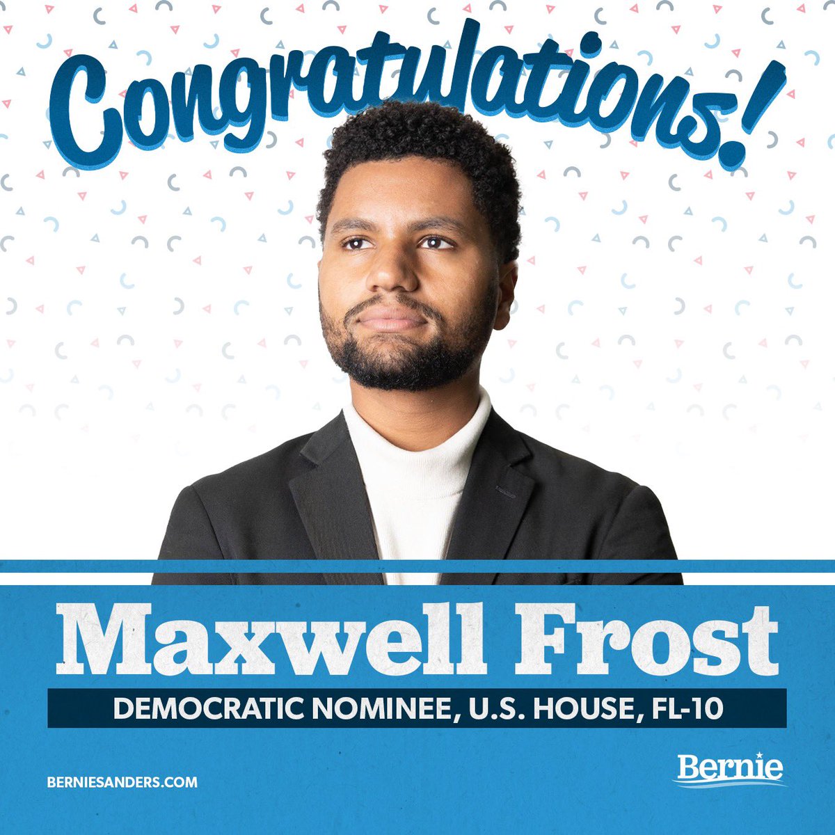 Another progressive win. As a 25-year-old incoming congressman, @MaxwellFrostFL is going to bring a much needed perspective about the issues affecting working families and I very much look forward to working with him