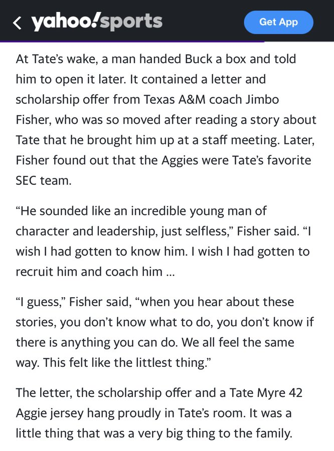 TheD_Zone's tweet photo. Texas A&amp;M head coach, Jimbo Fisher is a legend for this.  🙏💯

Screenshot from @DanWetzel story on Tate Myre. https://t.co/7bDDeQkLTe