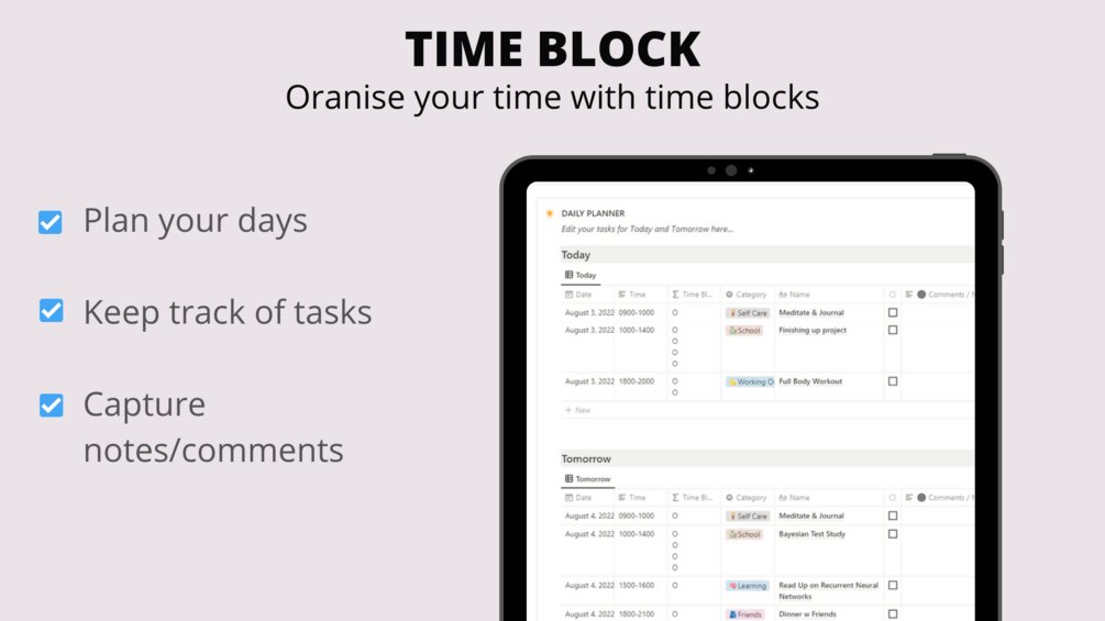 loeganraj1's tweet image. 🚨 TEMPLATE LAUNCH 🚨

Want a more organised way to manage your daily life with @NotionHQ ? 🤔

Then the TIME BLOCKER template is just for you. ⌚

Grab yourself a copy for $0 by retweeting and commenting 👋  within the next 24 hours.

#notiontwt #buildinpublic #timeblocks