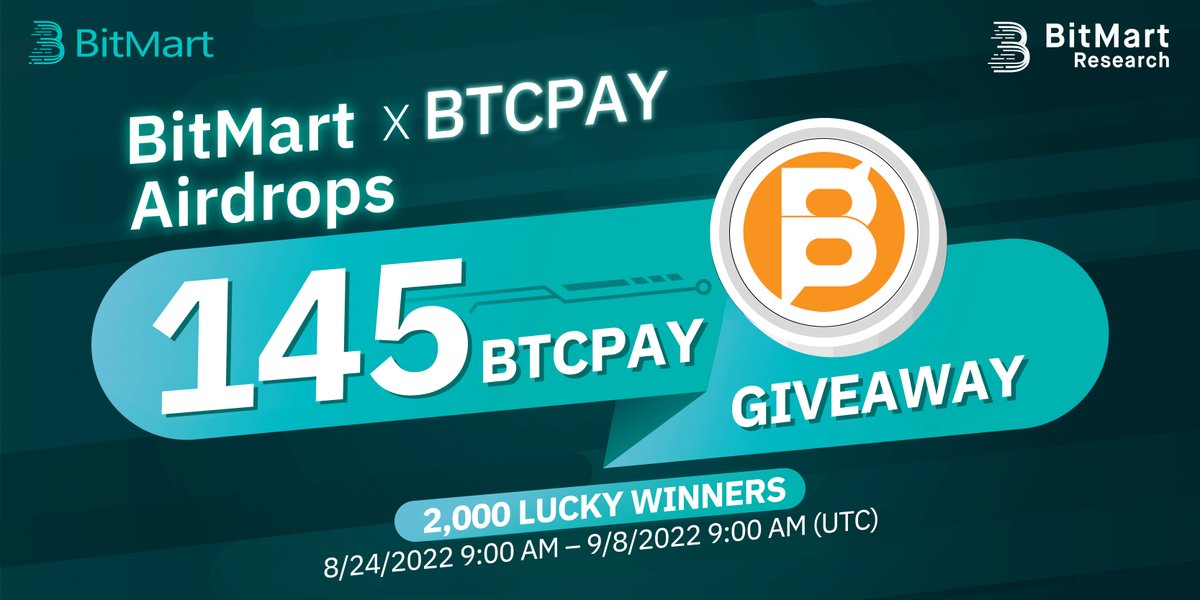 🌟BitMart X BTCPAY Listing Airdrop!

1⃣Follow <a href="/BitMartResearch/">BitMart Research｜$BMX HODLer</a> &amp; @Bitcoinpay_
2⃣Join t.me/BitMartExchang… &amp; t.me/Bitcoinpayoffi…
3⃣RT &amp; Tag 3 new friends
4⃣Fill out:bit.ly/3AII6dD

🥳145 $BTCPAY/2,000 winners
Register👉datasink.bitmart.site/t/j