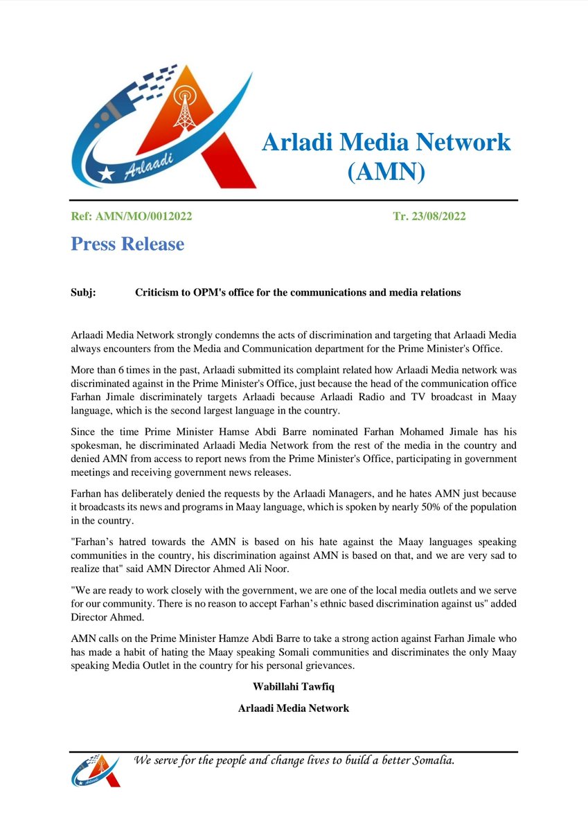 .<a href="/ArlaadiMnetwork/">Arlaadi Media</a> was, yet again, denied access to the ongoing two-days cabinet induction meeting as OPM Spox <a href="/farhanjimale/">Farhan Jimale</a> continues his discriminatory hostility towards Arlaadi, following yesterday's similar incident. Farhan contends why Arlaadi Media reports on Maay language.