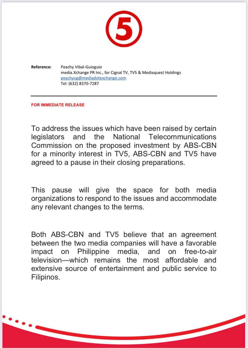 inquirerdotnet's tweet photo. BREAKING: TV5’s statement in relation to its partnership with ABS-CBN. | @marinelcruzINQ https://t.co/HF7Xe5R8AD