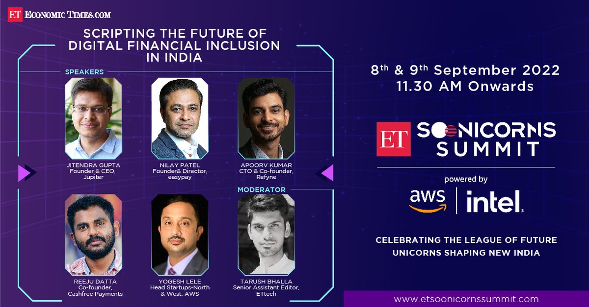 EconomicTimes's tweet photo. Fintech startup space is home to 20+ unicorns &amp; growing at a fast clip. Watch soonicorns Jupiter, easypay, Refyne &amp; Cashfree in a panel with AWS &amp; ET as they share their journey in ‘Scripting the future of digital financial inclusion in India.’ Register: https://t.co/MKxrj5rwOL https://t.co/TF8y1OEasm