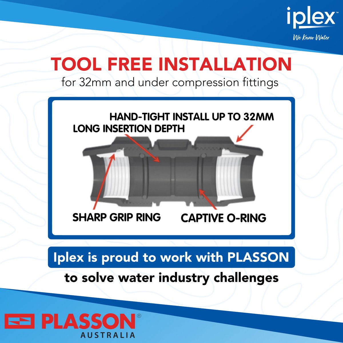 IplexAustralia's tweet photo. PLASSON compression fittings deliver reliable connections for PE pipelines with tool-free hand-tight installation up to 32mm.  
Iplex and PLASSON’s partnership provides innovative solutions for your water system challenges.

#Iplex #weknowwater #plasson https://t.co/hJijhnde45