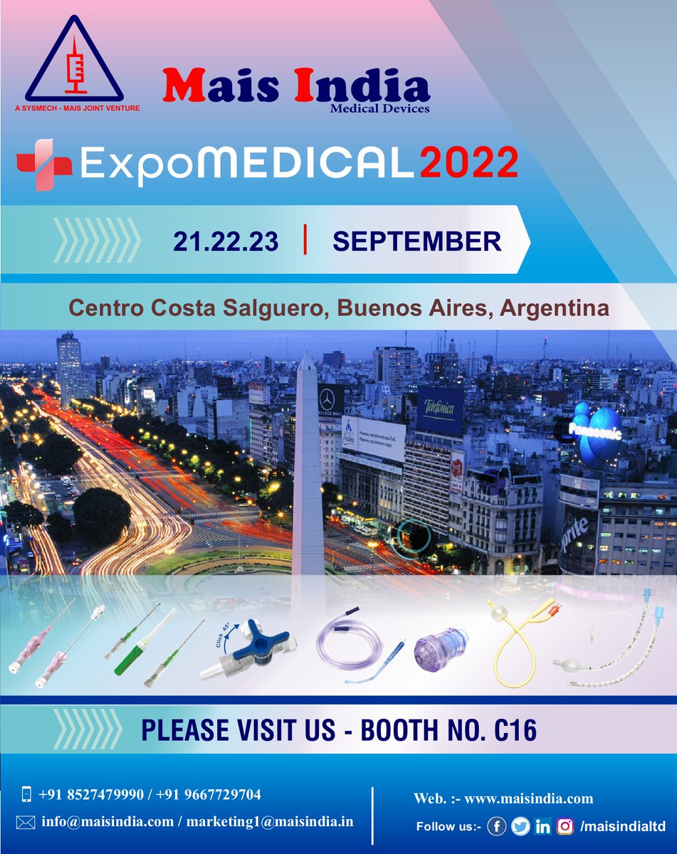 Mais_India's tweet photo. We are pleased to inform you that, We are participating in #EXPOMEDICAL2022.We cordially invite you to visit us at our Booth no.C16,Centro Costa Salguero,Buenos Aires,Argentina.
#expomedical #healthcare #medicaldevices #manufacturer #CentroCostaSalguero #BuenosAires #argentina https://t.co/ahA7KZw024