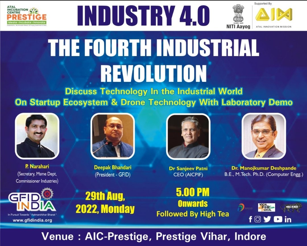 StartupMP_'s tweet photo. The fourth Industrial Revolution seminar.
"Discuss technology in the industrial world on startup ecosystem & drone technology with laboratory demo."
ЁЯХ░я╕П : 05 PM onwards
ЁЯЧУя╕П : 29th August 2022
ЁЯПЫя╕П : AIC-Prestige Indore
#AtmaNirbharMP
#StartupPolicyMP
@pnarahari @startupindia https://t.co/Sj9Ho1oili