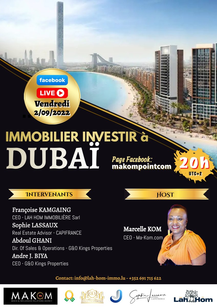 En prélude aux différentes conférences organisées sur l'investissement à #Dubai, retrouvez tous les intervenants pour un live Facebook. Pour en savoir plus ne tardez pas à vous enregistrer. Il nous restes il ne reste que quelques places disponibles! 👉👉 lah-hom.immo/eu/
