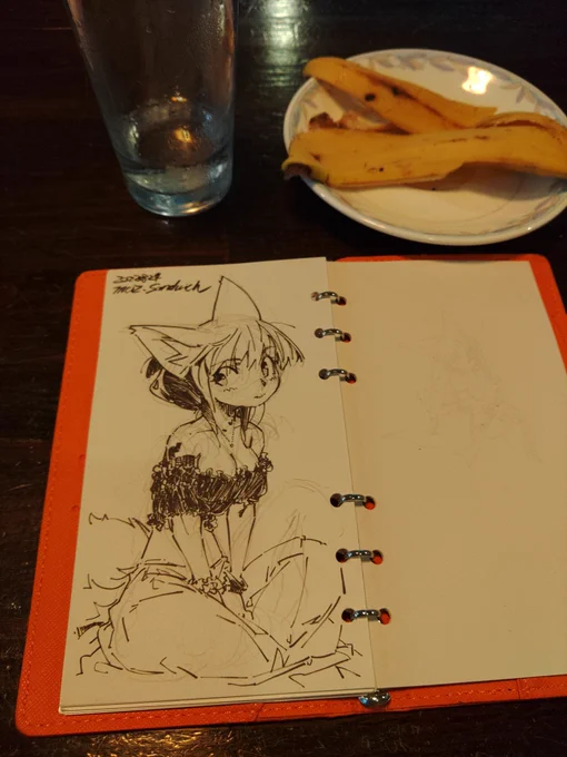 珍しく外食して、出てくるまでの間に描いた絵。バナナがデザートに出る店( '∀`) 