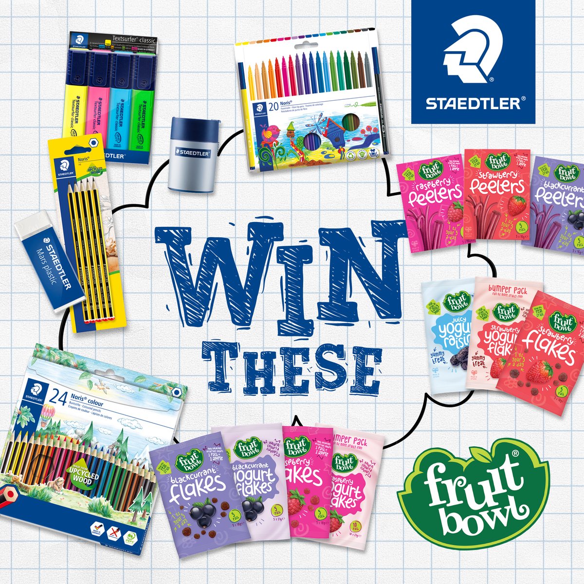 We've teamed up with @STAEMars to give 3 LUCKY WINNERS the chance to win this super bundle of STAEDTLER stationery and Fruit Bowl goodies in time for Back To School! ✏️🍎

For a chance to win:
✏️ Follow <a href="/FruitBowlFamily/">Fruit Bowl</a> and @STAEMars 
✏️ Like this post
✏️ Tag a friend!