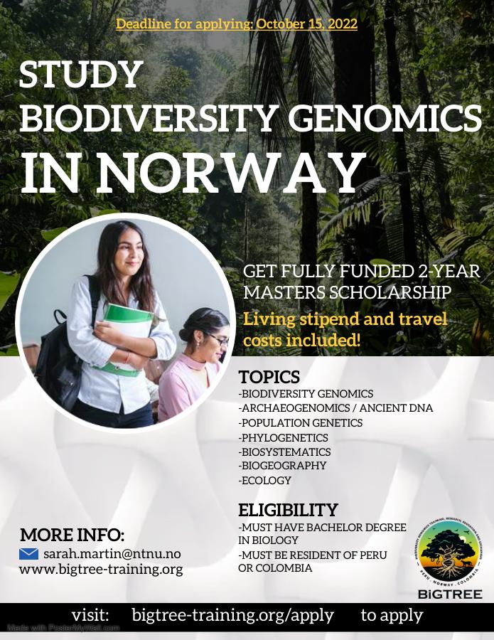 Students in Peru and Colombia: apply for fully paid, 2-year scholarships to study a master degree in Biodiversity Genomics in Norway at @NTNU or @UniOslo! And living stipend, travel funds, and project money. Deadline is 15 Oct. Please RT & share widely
https://t.co/BYcSAPAYq3 https://t.co/EnKyAtG67R