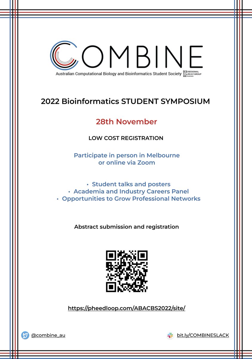 📢 Abstracts for the COMBINE symposium close 31st Aug! 

We aim to gather diverse students (undergrad/hons too!) across bioinformatics and computational biology. The symposium will be held as a hybrid event on the 28th Nov with ABACBS, VCBS and BiocAsia! 

pheedloop.com/ABACBS2022/sit…