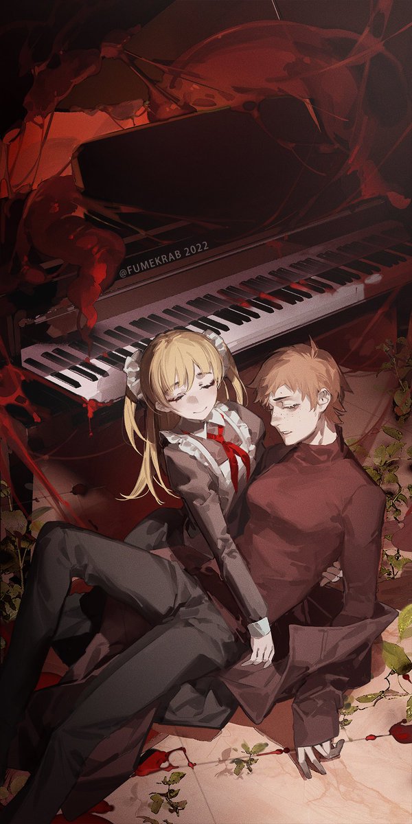 1girl 1boy piano closed eyes instrument blonde hair black pants  illustration images