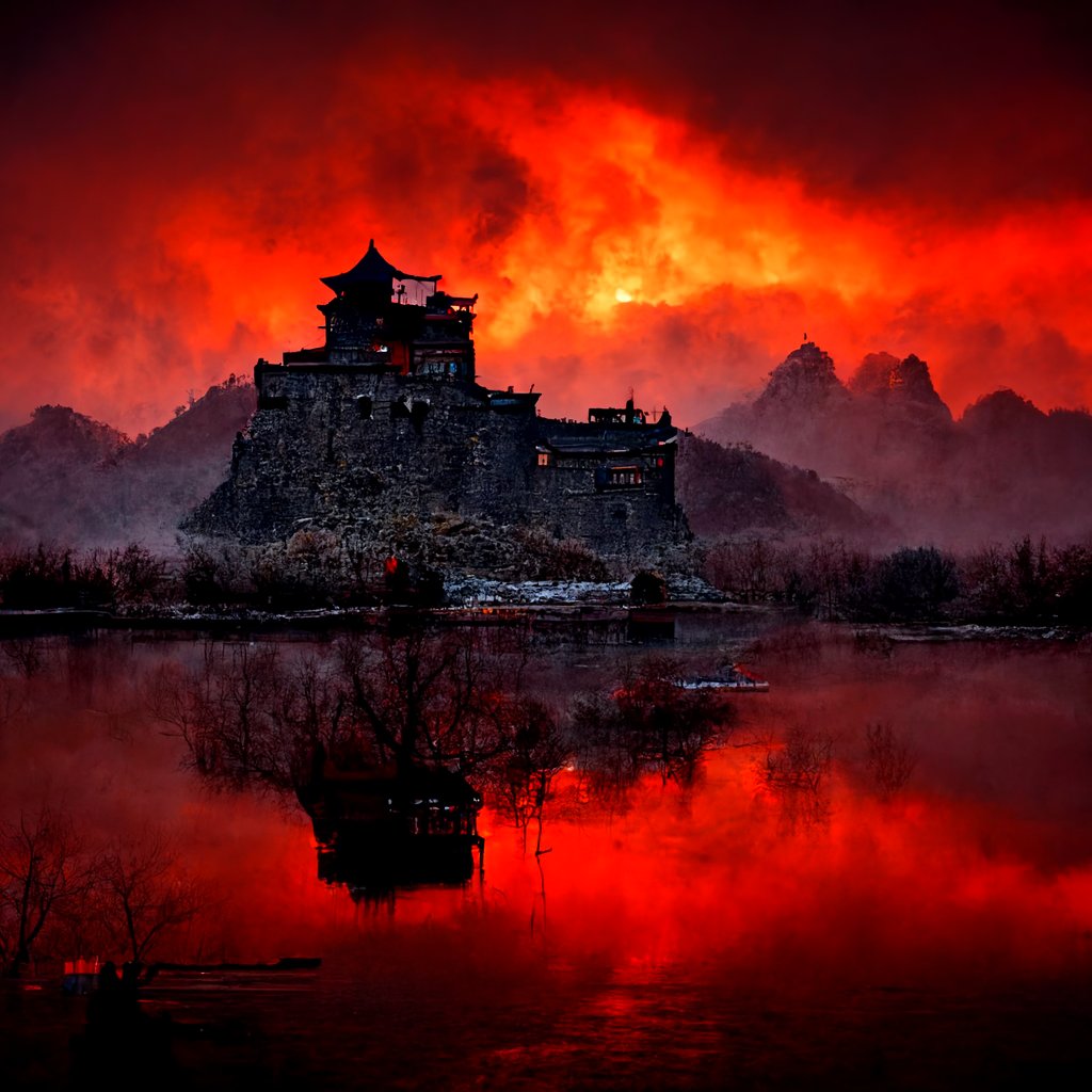 「#midjourney 紅月の契の、隠世のお城を描いてもらったぞ!岩山の上に中国」|浅葱@紅月の契第一巻発売中！のイラスト