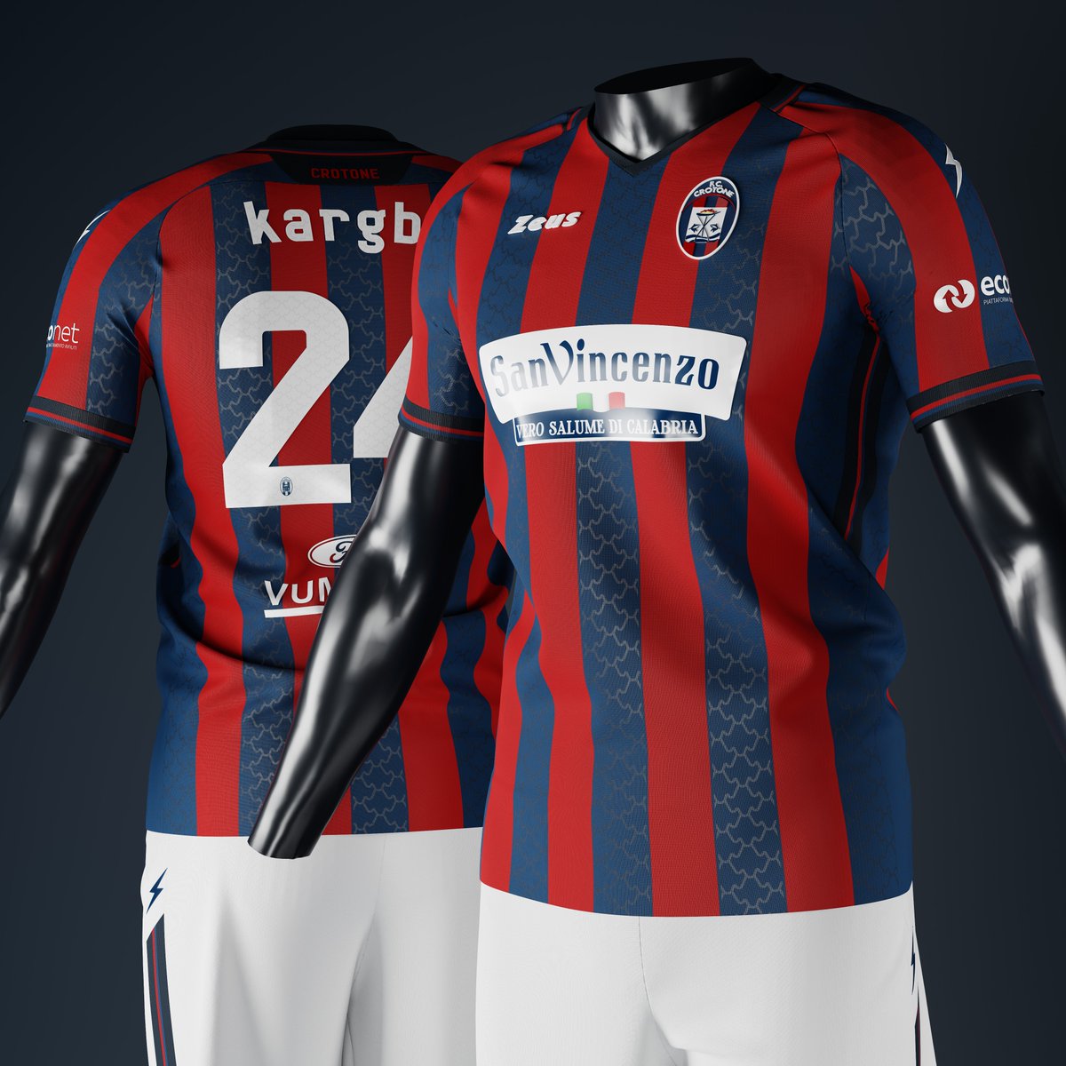 corinth_designs's tweet photo. FC Crotone home kit concept, featuring their traditional blue and red striped design, but with a shark skin-inspired pattern, a nod to their nickname, "Gli Squali" (the sharks). https://t.co/gEwVV24p4P