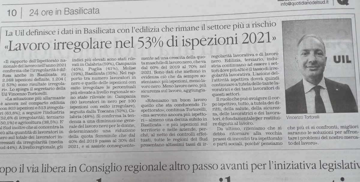 TortorelliVinc's tweet photo. Buongiorno #rassegnastampa oggi la UIL sui quotidiani , le nostre proposte e l’impegno del sindacato per contrastare il fenomeno del lavoro irregolare , dal rapporto dell’ispettorato del lavoro emergono dati allarmanti in Basilicata 53% tra le aziende ispezionate.👇 https://t.co/oGvoLSeND5
