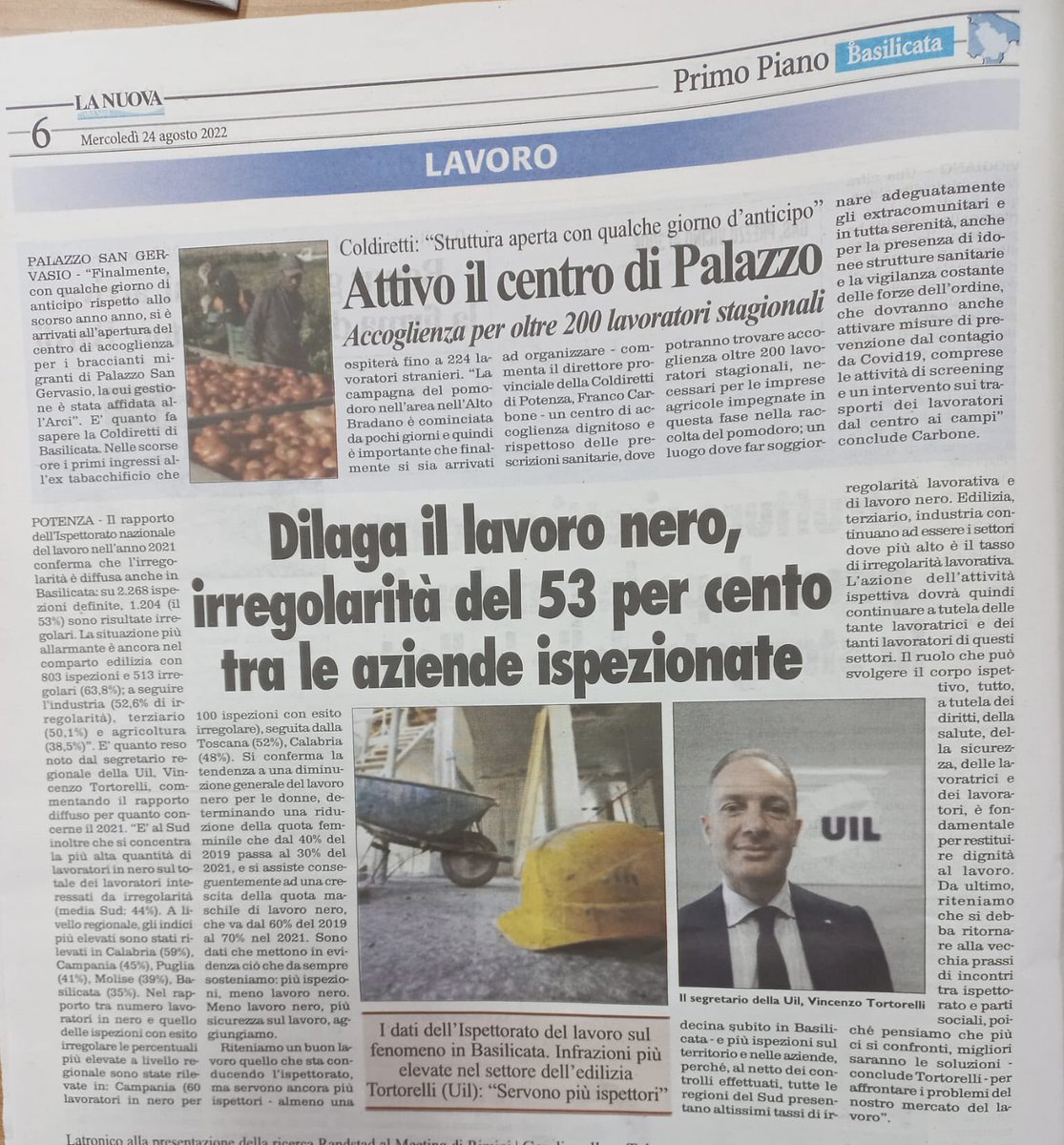 TortorelliVinc's tweet photo. Buongiorno #rassegnastampa oggi la UIL sui quotidiani , le nostre proposte e l’impegno del sindacato per contrastare il fenomeno del lavoro irregolare , dal rapporto dell’ispettorato del lavoro emergono dati allarmanti in Basilicata 53% tra le aziende ispezionate.👇 https://t.co/oGvoLSeND5