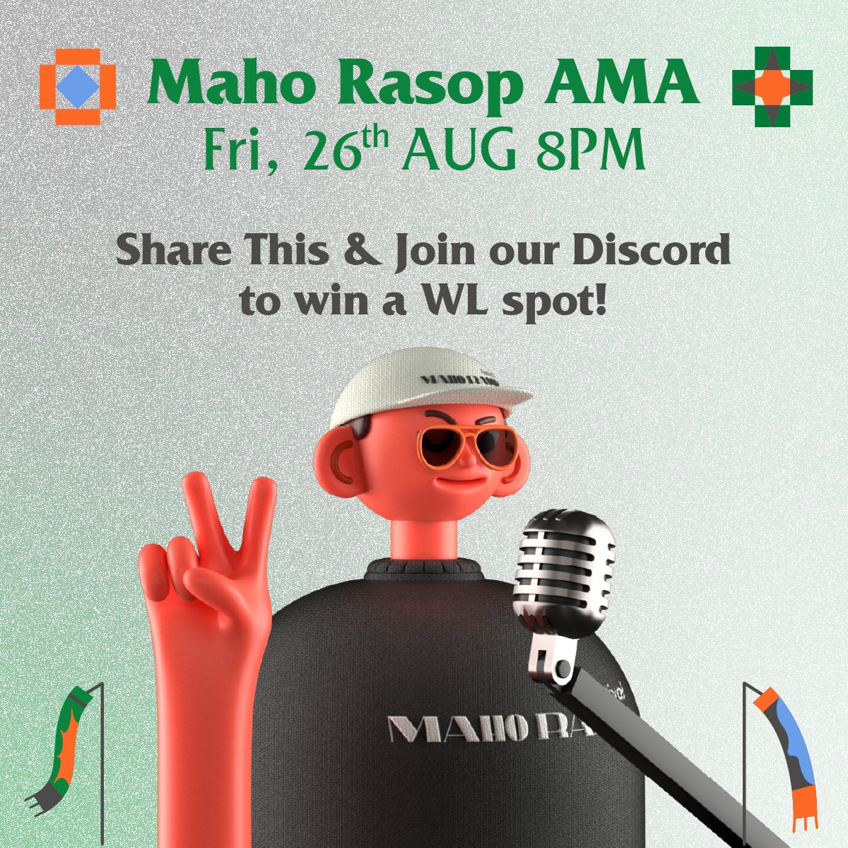 MahoRasop's tweet photo. 🥳Join us in our AMA with Maho Rasop Festival Promoters.

📆 Friday, 26 August, 8 - 9 pm
📌 https://t.co/h7Kl53KoAH

🥁 Win a chance on the WL spot (10 WL) by RT, Like, then send a proof to our Discord https://t.co/8mSWgvm8UG (#ama-whitelist)✨

#MHRS2022 #MahoRasop #TeamMHRS https://t.co/aXRjXCOd0M