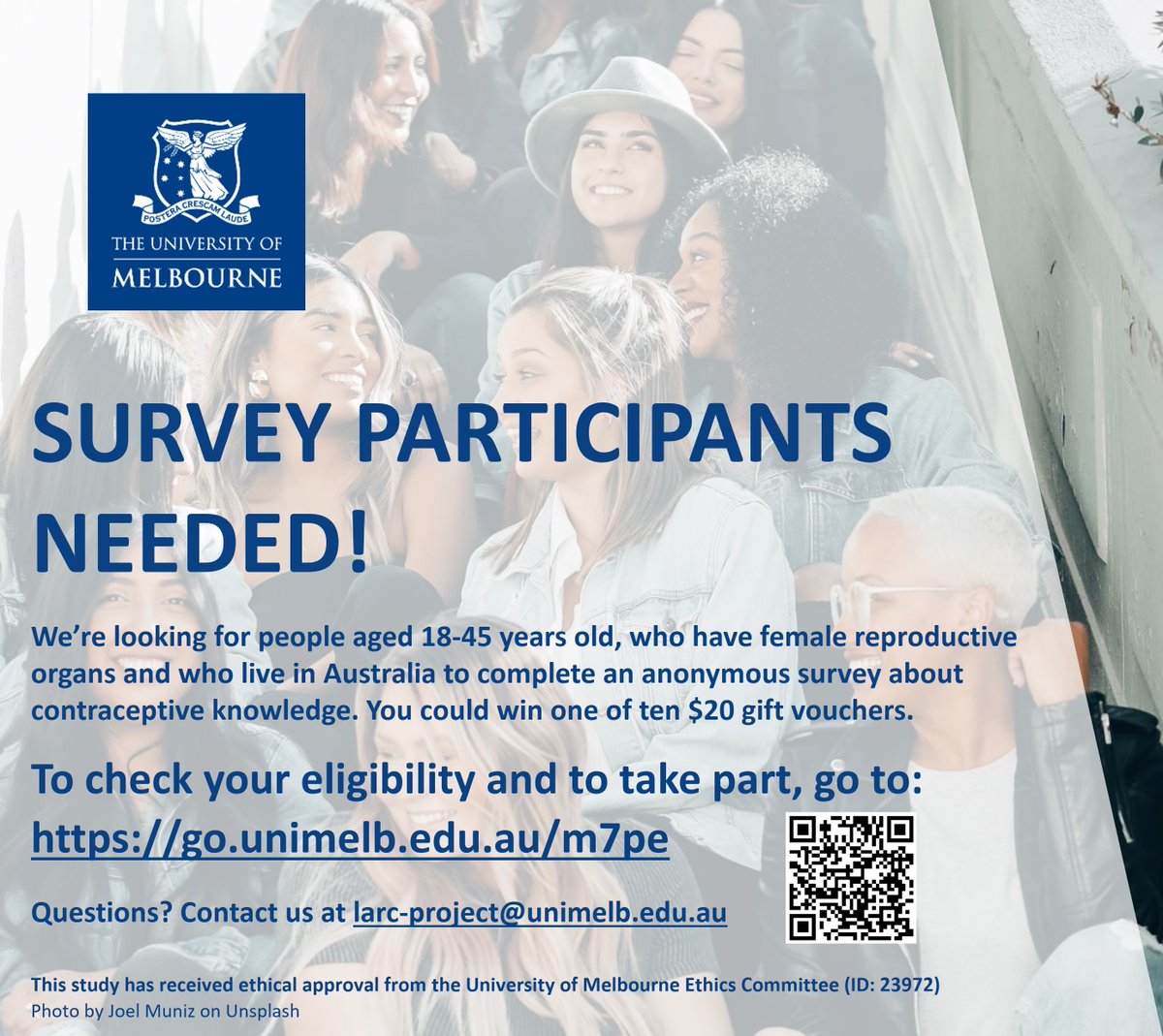 Are you living in Australia, aged 18-45 years old and have female reproductive organs? Consider taking part in our survey about contraceptive knowledge! Link: go.unimelb.edu.au/m7pe