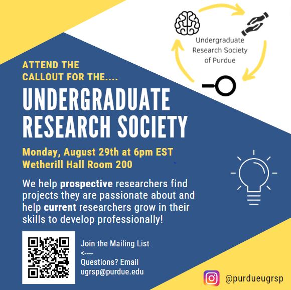 purdueugrsp's tweet photo. The Fall 2022 Callout for the Undergraduate Society of Purdue will be on 8.29 @ 6pm in WTHR 200. Learn how we can prepare you to be a great undergraduate research candidate and future productive researcher. We hope to see you there!
#research #purduewow @purdueugresearch https://t.co/W8HGpkWvez