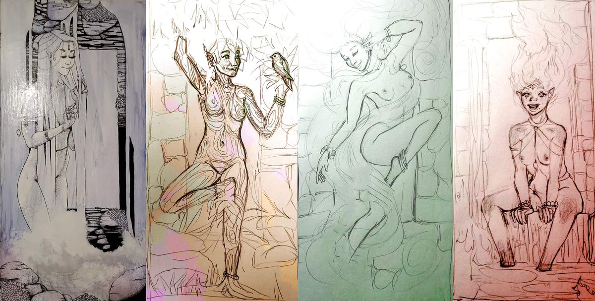 TJSGrimm's tweet photo. This is the original next to sketches of the next few 😊 #elementalnymphs #sketches #inkart #workinprogress https://t.co/3oVwTvhbKp