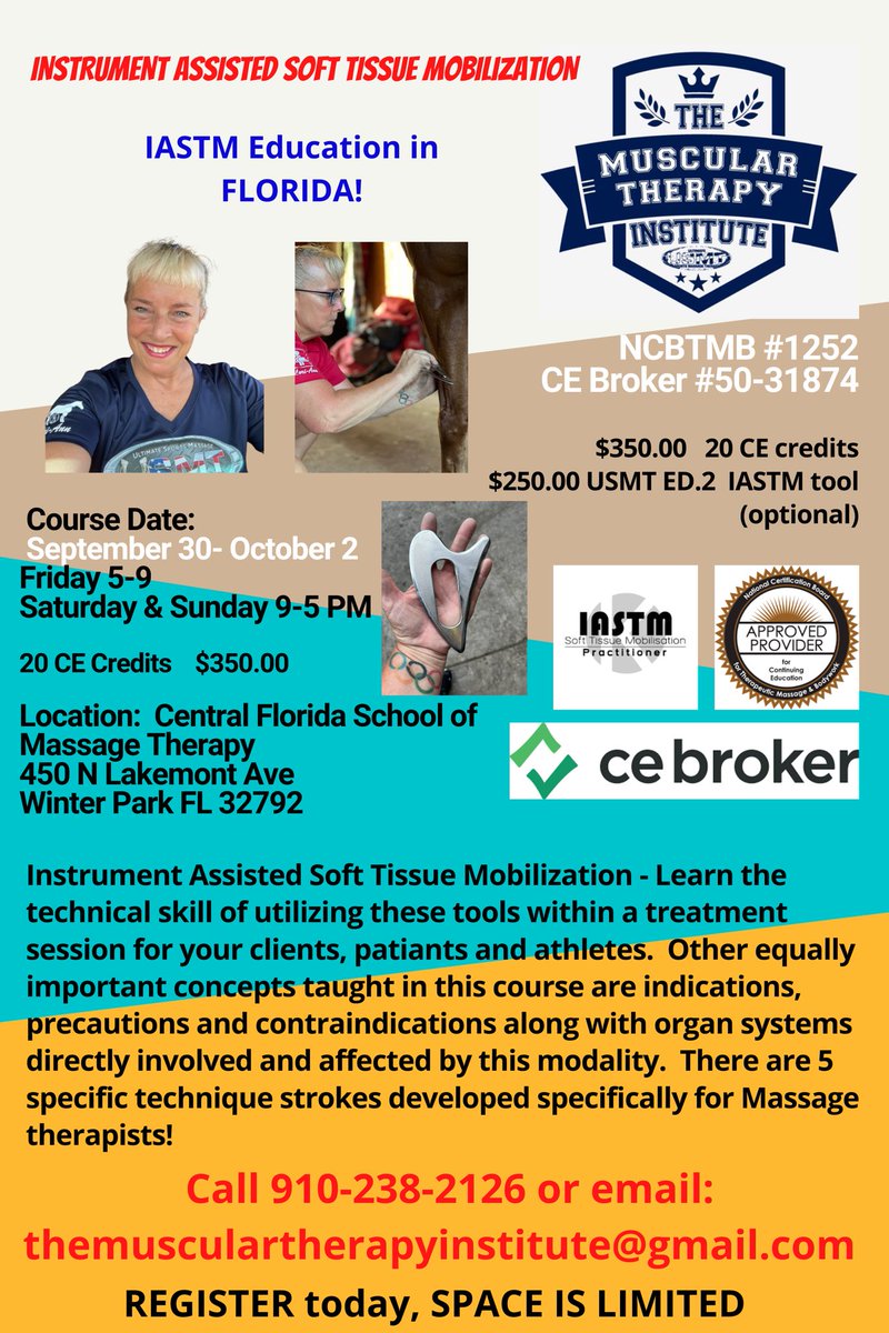 This is the last scheduled IASTM training for 2022!  Don’t miss an opportunity to learn this innovative modality specially developed for #massagetherapists 
Contact us at the USMT - MTI office for registration 
910-238-2126

#iastm #massage #injuryprevention