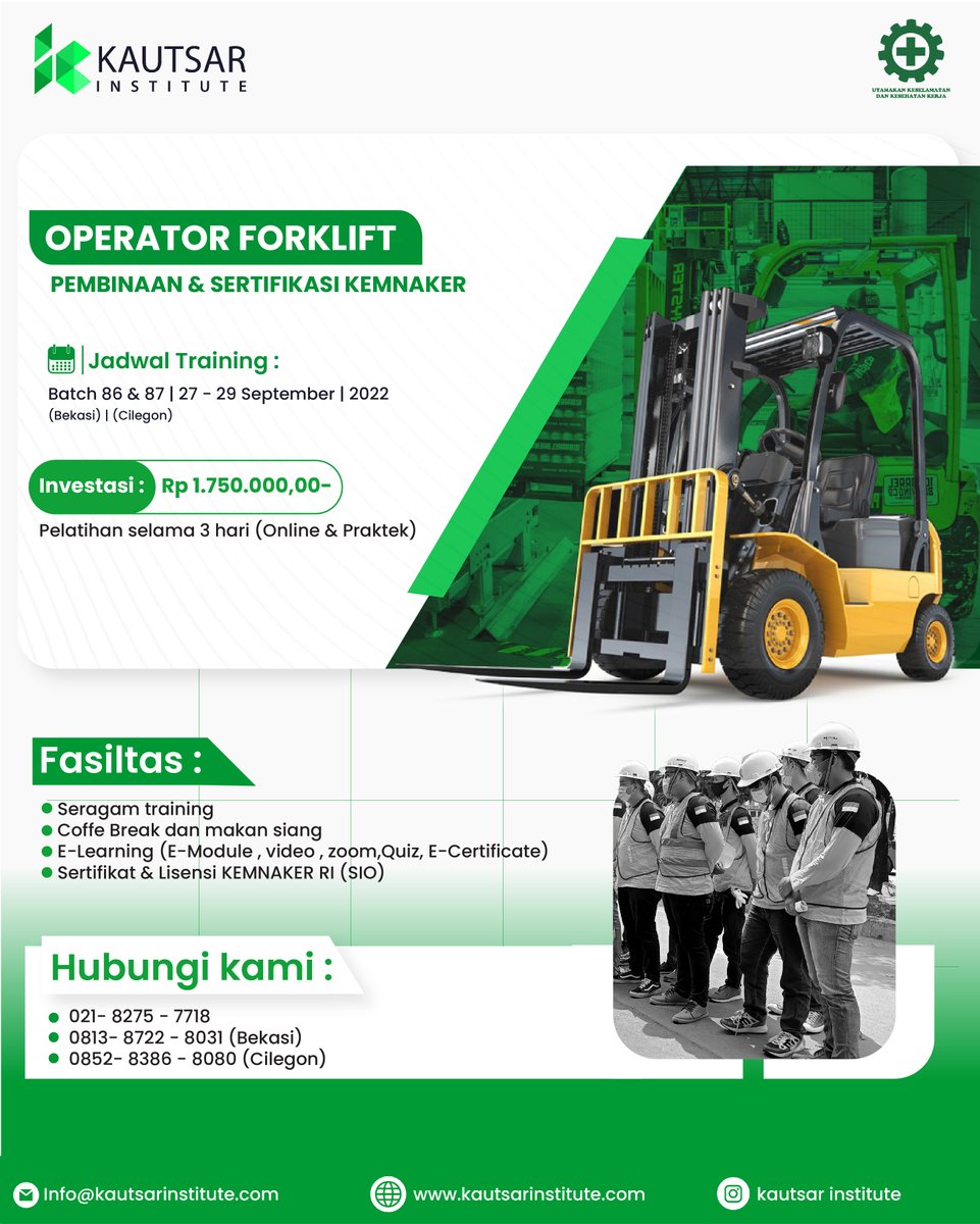 Kautsar_IP's tweet photo. Pendaftaran Pelatihan forklift 🔺

Batch 86&amp;87 Bekasi dan Cilegon | 27 - 29 September 2022
.
Batch 87&amp;88 Bekasi dan Cilegon | 11 - 13 Oktober 2022

#kautsar #forklift #pelatihank3 #pelatihank3umum #kemnaker #kemnakerri #safetyfirst #safety #ohc #overheadcrane #sertifikat #albert https://t.co/XuM5NQFdOw