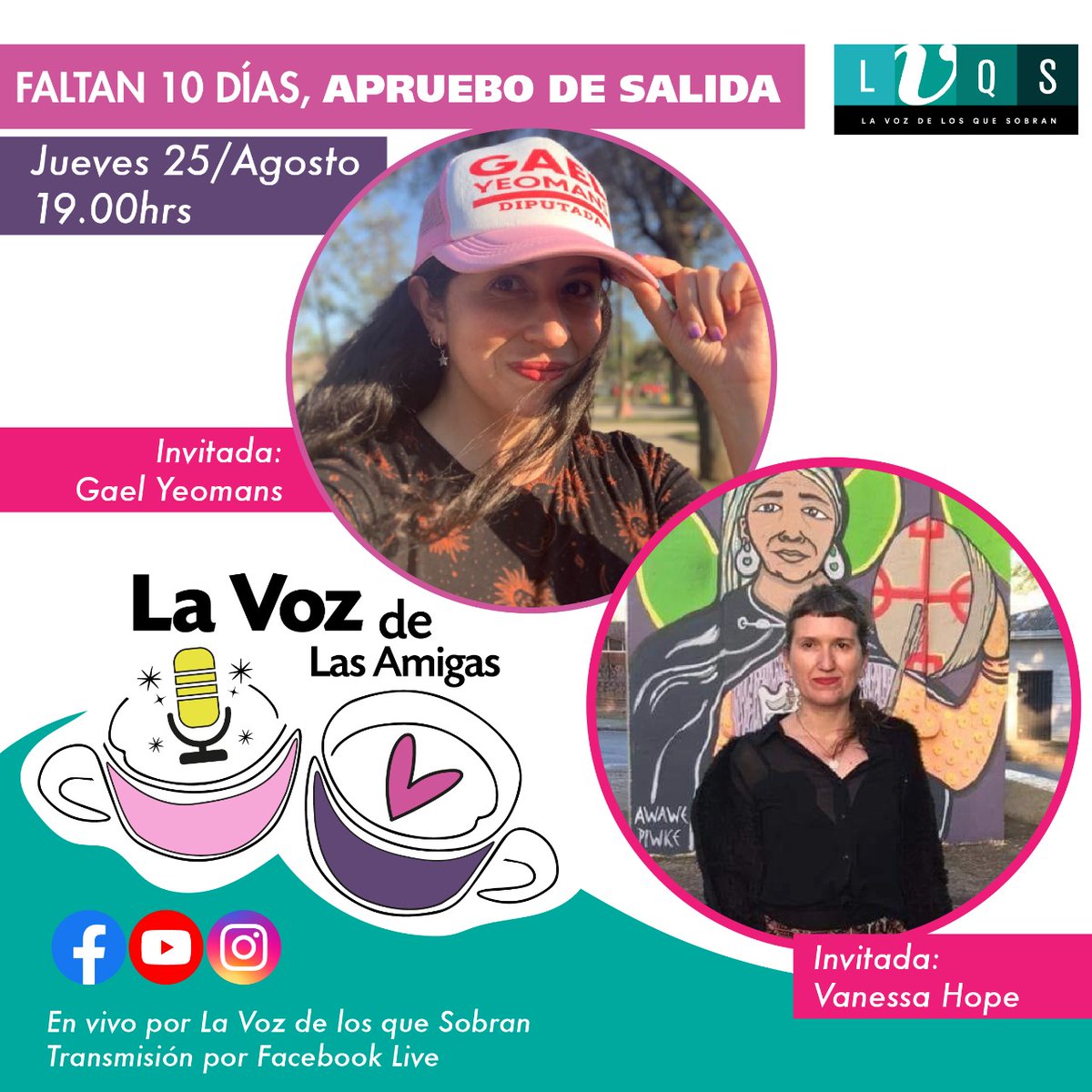 Y como les dijimos,acá les presentamos nuestras grandes invitadaEste jueves estaremos con la ex convencional  x el distrito 21 Vanessa Hoppe  y la diputada x el distrito 13 Gael Yeomans 
No se lo pueden perder
Jueves 25 a las 19:00 x las redes @delosquesobrancl #Apruebo