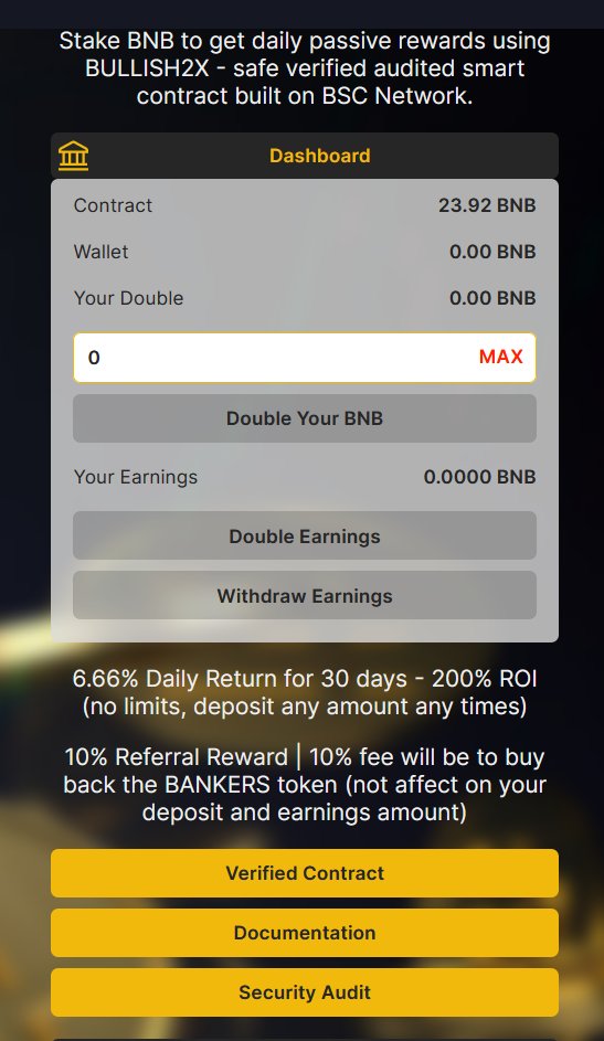 BullBankers's tweet photo. Almost 24 BNB on our 2X Stake platform.

Did you know that Stake Protocol 2X fees are used to buy BANKERS?

This keeps the chart healthier and makes the token more deflationary!
https://t.co/eE2CjBdjEO https://t.co/OiBrFc4xZh