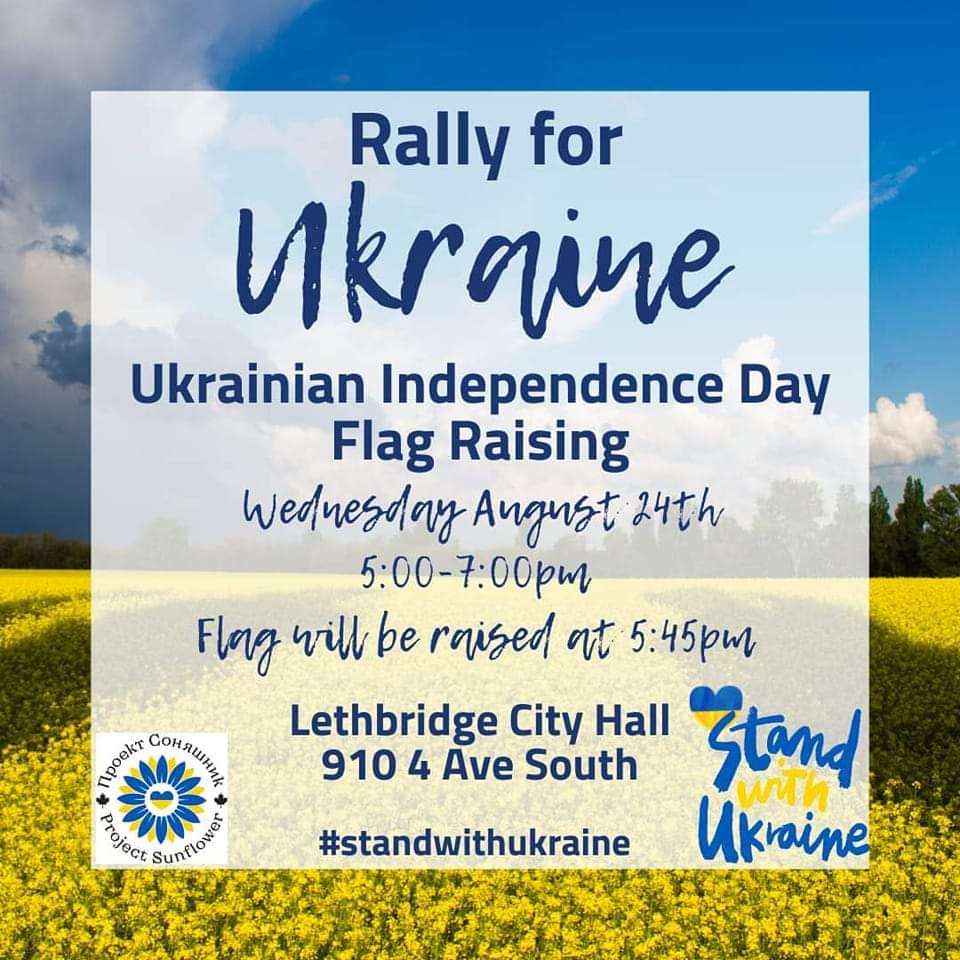 PRJ_Sunflower's tweet photo. Join us tomorrow for Ukrainian Independence Day rally/flag raising at Lethbridge City Hall.

Rally:5-7pm
Flag raising: 5:45pm

Bring your flag and patriotic Ukrainian garb to show support for Ukraine and the local Ukrainian community!🇺🇦

Event:
https://t.co/jw4LRdACBN #YQL https://t.co/XJMrDaJmiS