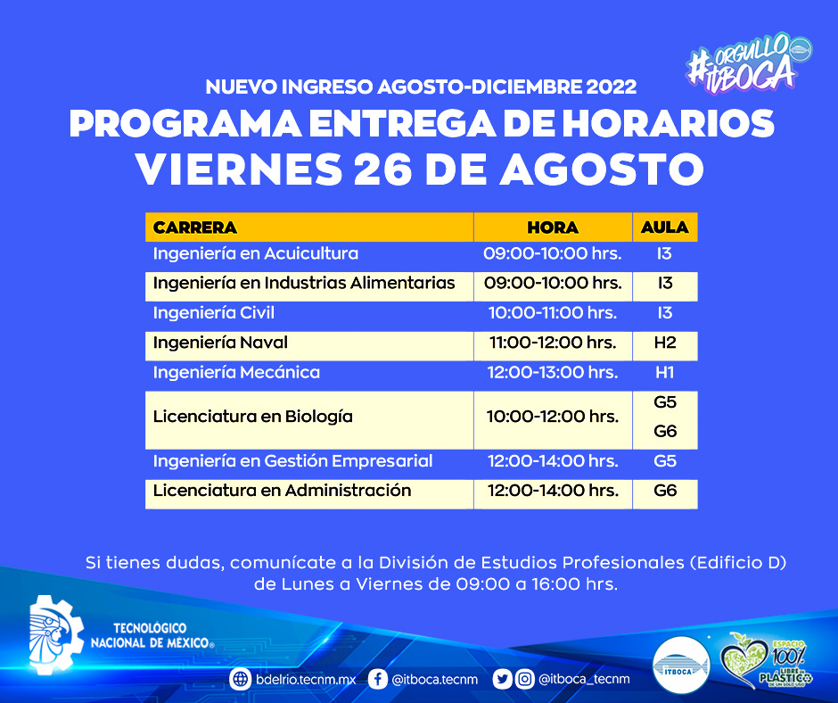 itboca_tecnm's tweet photo. Estudiantes de Nuevo Ingreso consulten hora y aula para la entrega de horarios. Si tienes dudas, comunícate a la División de Estudios Profesionales (Edificio D) de Lunes a Viernes de 09:00 a 16:00 hrs. #OrgulloITBoca #TodosSomosTecNM https://t.co/CMUluCttsM