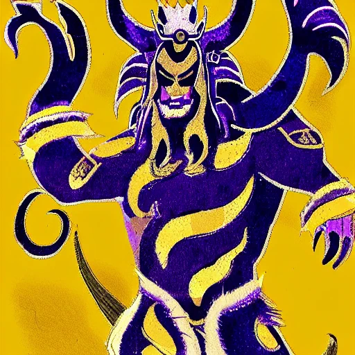 これは古代文明に存在していた魔王の姿Illustration of a demon king with purple body hair, golden hair, large curved horn, fierce animal face and human form.#dreamstudio 